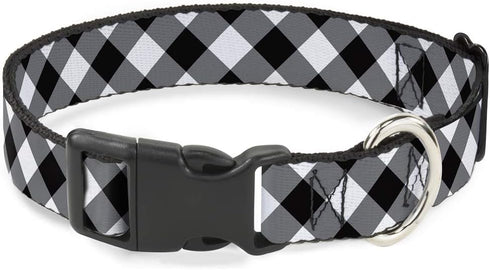 Buckle-Down Diagonal Buffalo Plaid Black/White Plastic Clip Collar, Large/15-26" PC-W30433-L