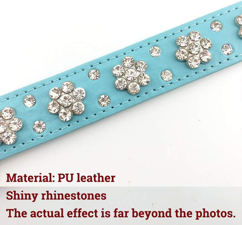 Rhinestone Flower Dog Collar - Sparkling Leather Pet Collar for Small and Medium Dogs (Blue M)