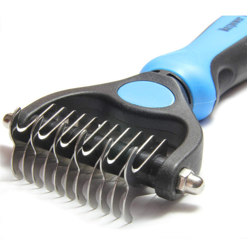 Maxpower Planet Pet Grooming Brush - Extra Wide Double Sided Dematting Rake for Dogs and Cats, Blue, S