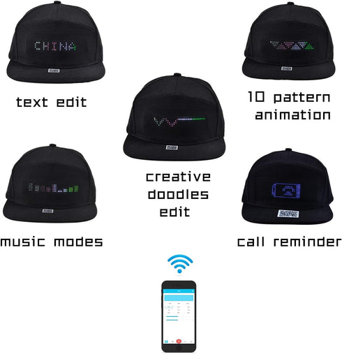 Funny LED Baseball Caps, Smart Hat with Display Screen, Bluetooth App Control, Adjustable Size, Mystery Black