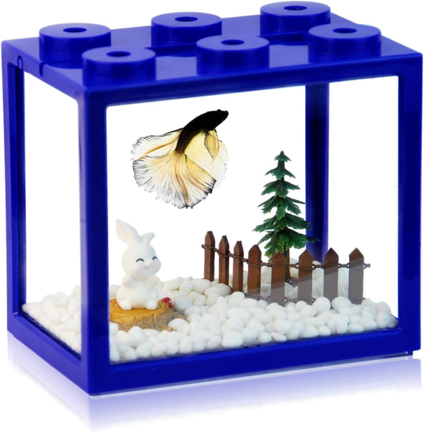 Small Betta Fish Tank, Stackable Mini Aquarium Kit with Gravel & Forest Micro Landscape, 0.6 Gallon (Blue)