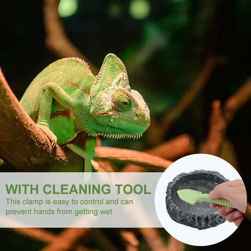 Reptile Bowls, 2 Pcs Feeding Dish with Clamp & Shovel, Resin Rock Water & Food Bowls for Reptiles