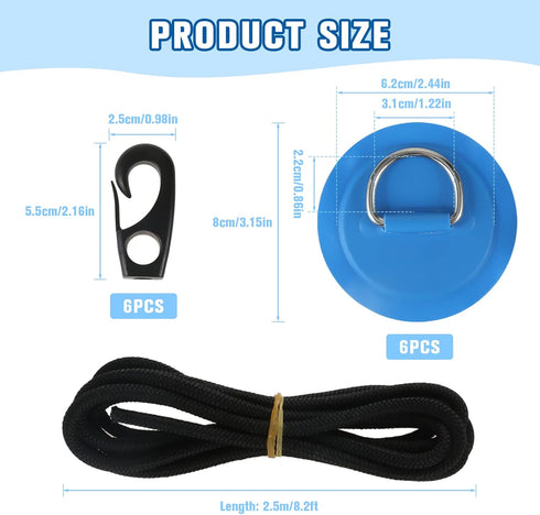 Yetaha 6 Pack Stainless Steel D Rings, 8.2ft Bungee Cord with Hooks Deck Rigging Kit for Inflatable Boat Kayak