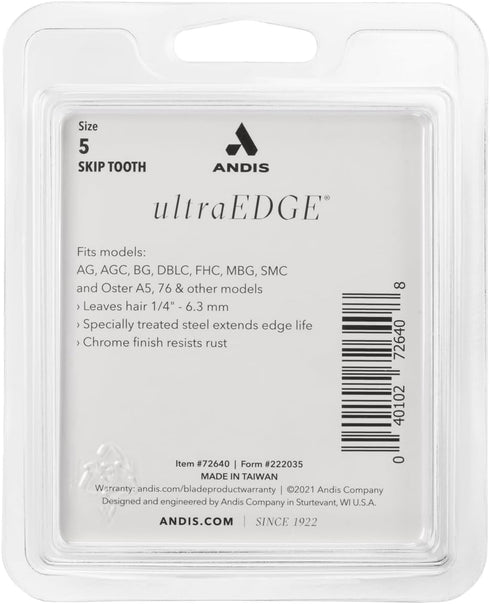Andis Carbon Infused Steel UltraEdge Dog Clipper Blade, Size-5 Skip Tooth, 1/4-Inch Cut Length (72640), Chrome