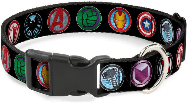 Buckle-Down Plastic Clip Collar - 9-Avenger Icons Black/Multi Color - 1" Wide, Fits 9-15" Neck