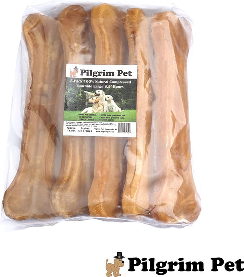 5-Pack of Premium Compressed Rawhide Bones for Dogs - Long Lasting 100% All Natural Bones for Aggressive Chewers, Large