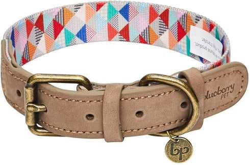 Blueberry Pet Adjustable Dog Collar, Large, Shades of Rainbow Multicolor Triangles, Genuine Full Grain Leather &