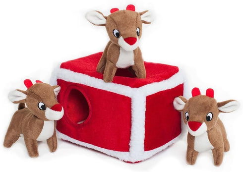 ZippyPaws Holiday Burrow Interactive Dog Toy, Reindeer Pen Plush Puzzle for Small & Medium Dogs