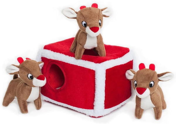 ZippyPaws Holiday Burrow Interactive Dog Toy, Reindeer Pen Plush Puzzle for Small & Medium Dogs