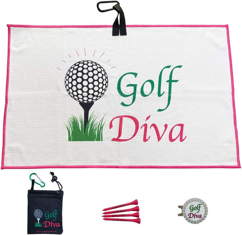 Par 3 Kit Golf Accessories, Includes Towel, Tee Bag with 4 Tees, and Bling Golf Ball Marker with Hat Clip