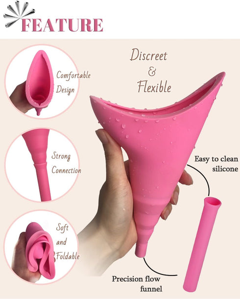 Portable Female Urinal, Reusable Silicone Pee Funnel for Road Trip, Travel, Camping Gear Essentials with Cup