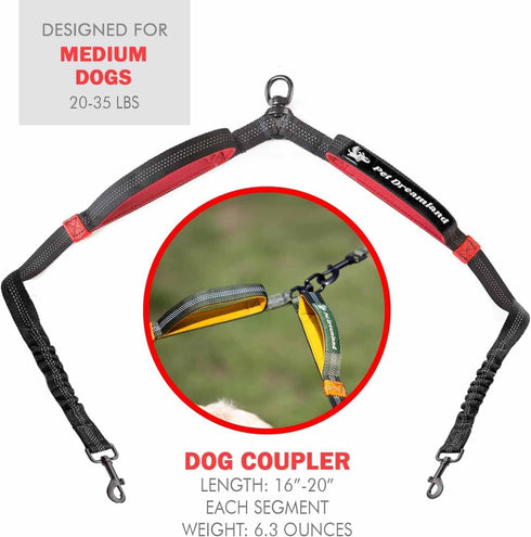 Pet Dreamland Dual Dog Leash Coupler, No Tangle Swivel for Walking Two Medium Dogs - Black & Red