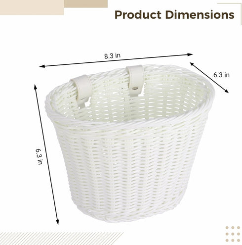 Kids Bike Basket with Adjustable PU Belts, Handmade Woven Rattan Front Handle Basket