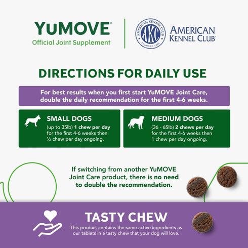 YuMOVE Daily Chews, Hip and Joint Supplement for Small & Medium Dogs with Glucosamine, 60 Chews
