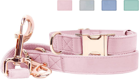 Soft Leather Dog Collar and Leash Set (6.6') - Stylish Rose Gold Heavy Duty Metal Buckle, 4 Adjustable Lengths for