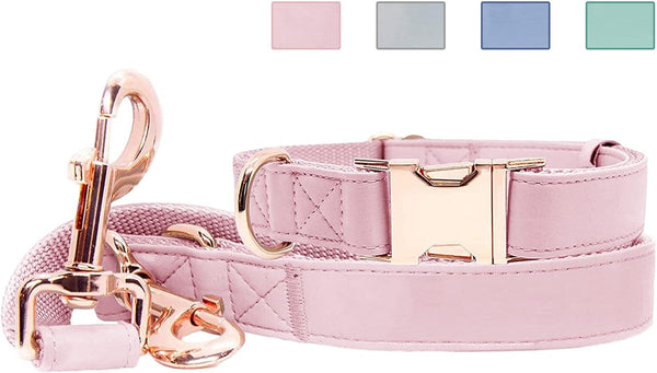 Soft Leather Dog Collar and Leash Set (6.6') - Stylish Rose Gold Heavy Duty Metal Buckle, 4 Adjustable Lengths for