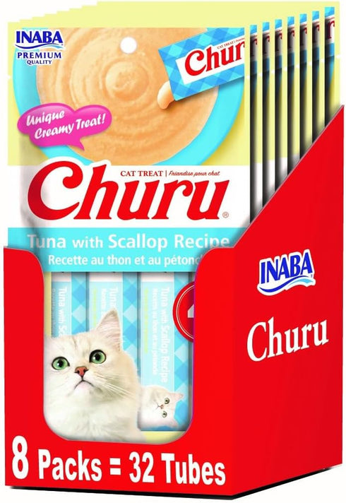 INABA Churu Lickable Purée Natural Cat Treats, Tuna with Scallop Recipe, 8 Packages, 32 Tubes