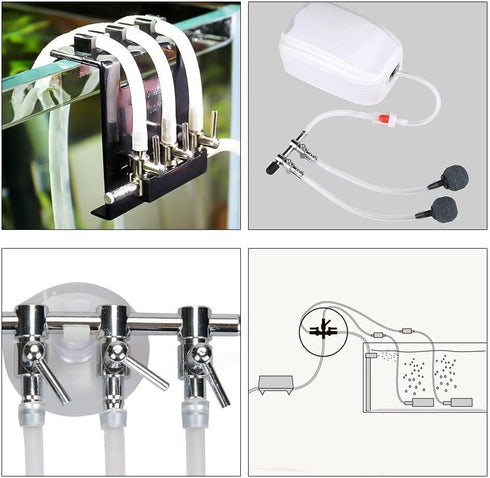 Aquarium Air Pump Splitter 7 in 1 Set - 2-Way Air Flow Control Lever Valve, 2 Non-Return Check Valves & 4 Suction Cups