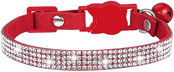 Rhinestones Bling Dog Cat Collars with Bell, Soft Velvet Crystal Collars for Girls, Jeweled Necklace (Red)