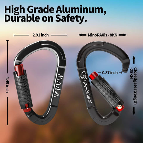 FVW Auto Locking Rock Climbing Carabiner Clips - Professional 25KN Heavy Duty Caribeaners for Rappelling, Swing, Rescue