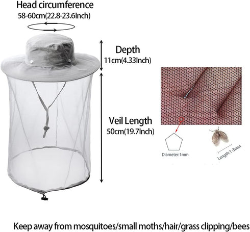 Mosquito Netting Bug Face Veil Hat - Mesh Safari Camping Fishing Cap for Garden and Beekeeping