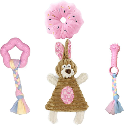 Puppy Toys for Teething Puppies, Plush Squeaky Bunny Dog Toys for Small Dogs, Pink, 4pcs