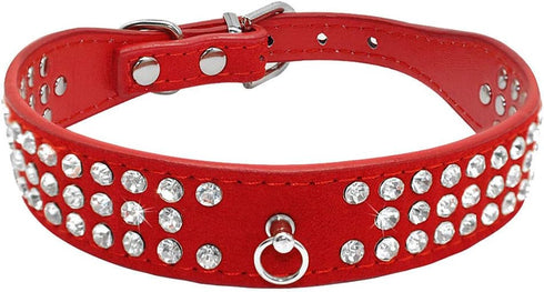 Cute Elegant Fancy Dazzling Sparkling Suede Leather 3 Rows Bling Rhinestone Crystal Small Pet Collar (Red, S)
