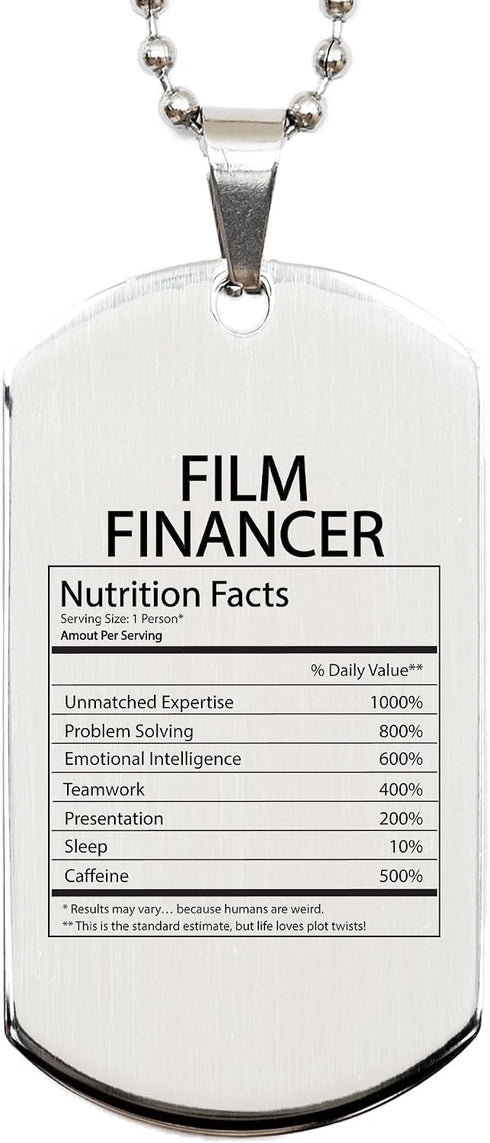 DesiDD Funny Film Financer Gifts - Nutrition Facts Dog Tag Necklace for Coworker