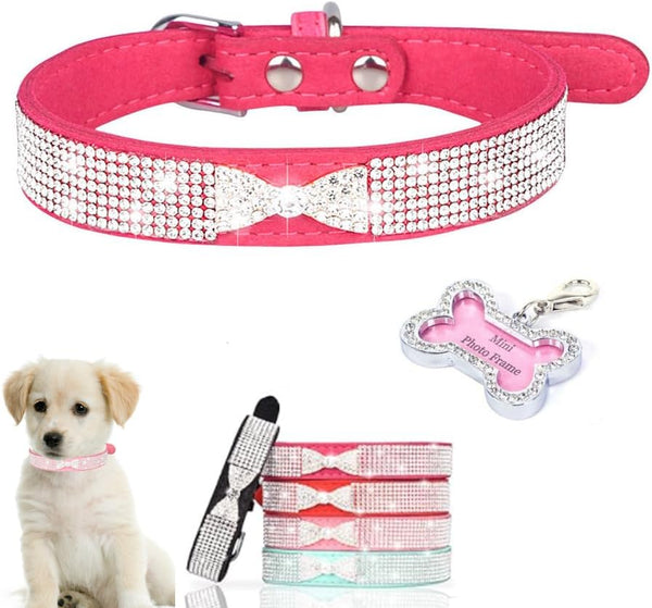 Puppy Collar with Rhinestone Name Plate, Pretty Bow Crystal Glitter Bling Collar for XXS XS Small Medium Pet Girls