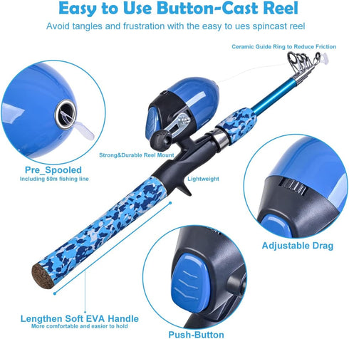 LEOFISHING Kids Fishing Pole Set, Portable Telescopic Rod and Spincast Reel with Fishing Net and Bucket