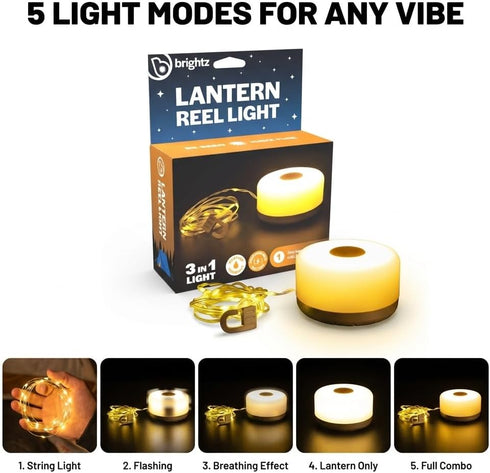 3-in-1 5 1-Hour 26ft Brightz Lantern Reel Light Rechargeable Camping Lantern & Retractable String Lights, Weather