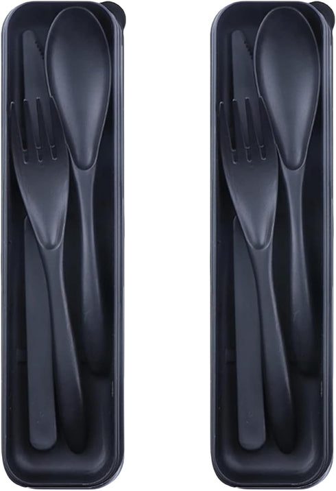 Portable Wheat Straw Cutlery Set, 2 Sets Reusable Utensils with Case, BPA-Free Knife Spoon Fork, Travel Utensils (Black)