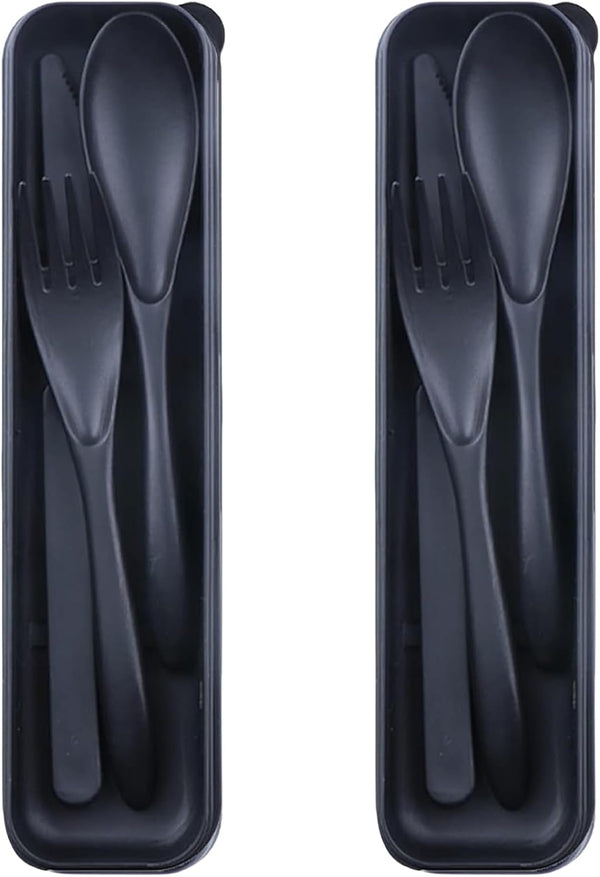 Portable Wheat Straw Cutlery Set, 2 Sets Reusable Utensils with Case, BPA-Free Knife Spoon Fork, Travel Utensils (Black)