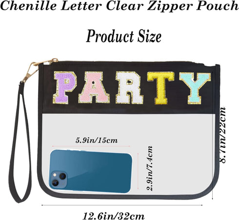 Jakiro Chenille Letter Clear Bag Zipper Pouch for Party | Preppy Makeup Bag Clear Cosmetic Toiletry Bag with Wrist