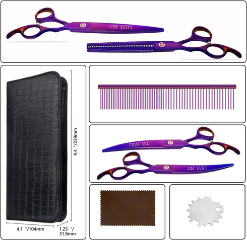 LILYS PET Professional Dog Grooming Coated Titanium Scissors Set - Cutting, Curved & Thinning Shears (8.0 inches,