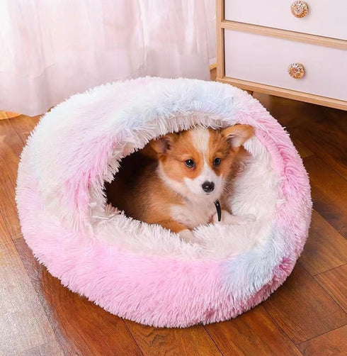 Cat Bed Round Fluffy Hooded Cave, Anti-Anxiety Bed with Hooded Blanket, Cozy Cuddler Pet Bed (Rainbow, Medium)
