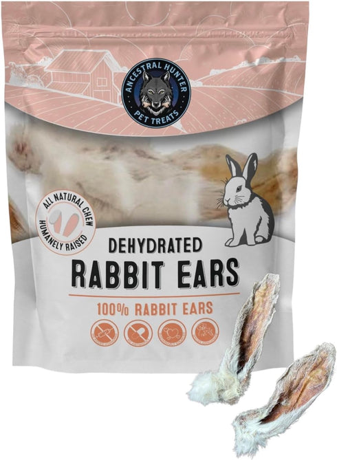 Dehydrated Rabbit Ears for Dogs & Cats - Healthy Whole Rabbit Ears with Fur, Rawhide Alternative, Pack of 6