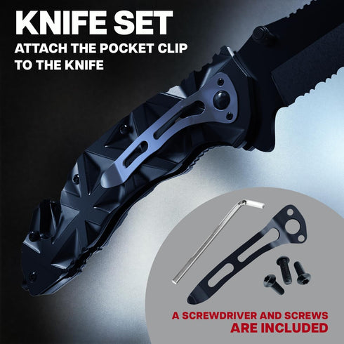 GOOD WORKER Black Pocket Knife - Serrated Sharp 3.5" Blade - Spring Assisted Tactical Knife Set with Wire Cutter Glass Breaker - Cool Folding Knives for Camping - Gifts for Men HB 207