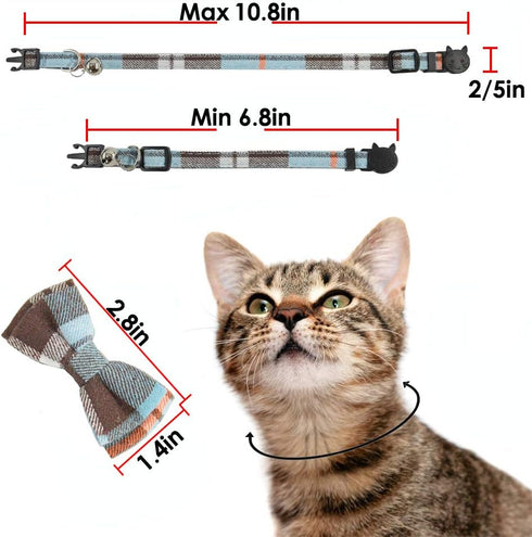 Cat Collar Breakaway with Bell and Bow Tie - Set of 2 PCS Adjustable Safety Plaid Design Collars (Green & Light Blue