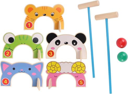 TOYANDONA Cartoon Wooden Animal Croquet Set - Interactive Family Game with Croquet Wood Mallets for Kids