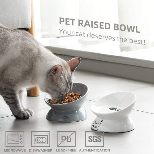 Sweejar Ceramic Raised Cat Bowls, Slanted Cat Dish Food or Water Bowls, Elevated Porcelain Pet Feeder Bowl Protect Cat's Spine, Stress Free, Backflow Prevention (Grey)
