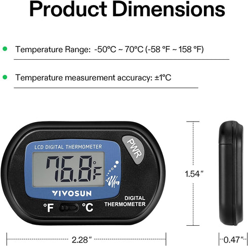 VIVOSUN 1-Pack LCD Digital Aquarium Thermometer, Fish Tank Water Temperature with Suction Cup