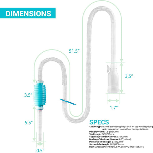 TERA PUMP TRFTCLN Aquarium Gravel Cleaner, BPA Free, Water Siphon with Long Nozzle