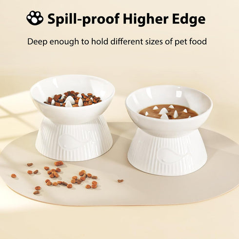Elevated Slow Feeder Cat Bowl, Ceramic, Spill-Proof & Anti-Tipping, Easy to Clean, Raised for Dry & Wet Food
