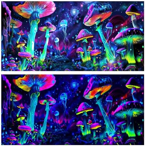 48X24IN Blacklight Aquarium Background, UV Reactive Mushroom Starry Sky with 10 EVA Double-Sided Tape