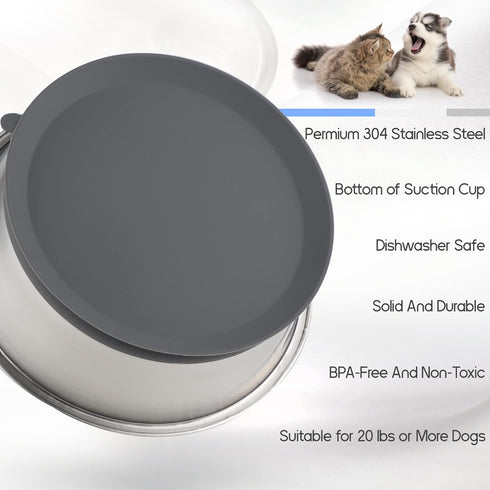 Stainless Steel Dog Bowl | Set of 2, Metal Dog Bowls with Suction Base, Rubber Bottom & Premium Material & Easy Clean (Gray-2 Pack)