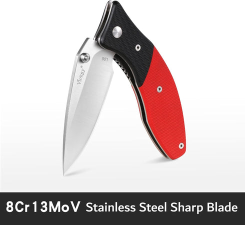 Folding Pocket Knife with 3" 8CR13MOV Blade, Black and Red G10 Handle, Safety Liner Lock for Outdoor Gear