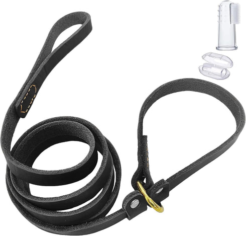 5.6ft Real Leather Slip Lead Dog Leash, Soft Adjustable Training Leash for Small Medium Large Dogs, Black
