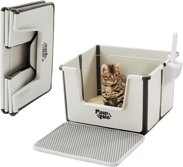 Pawque High Sides Large Cat Litter Box, Low Entry Open Top Foldable