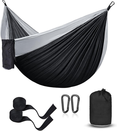Hammock Camping, Portable Single/Double Hammocks for Outdoor Hiking, 210D Nylon Hammock Swing (Black/Gray)